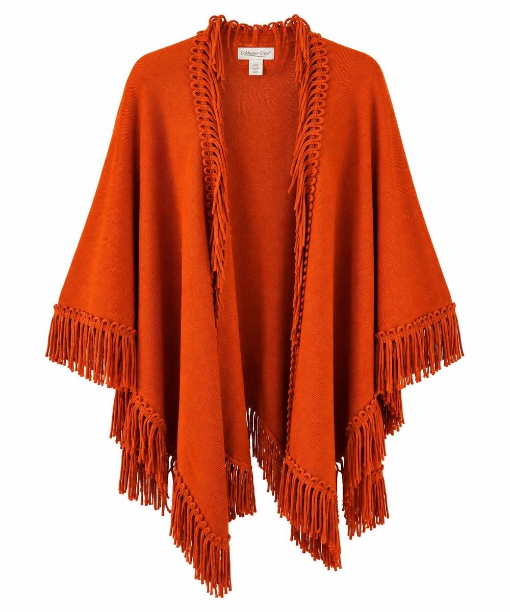 Coldwater Creek Orange Fringe Poncho Cape Boho Western Artsy One Size